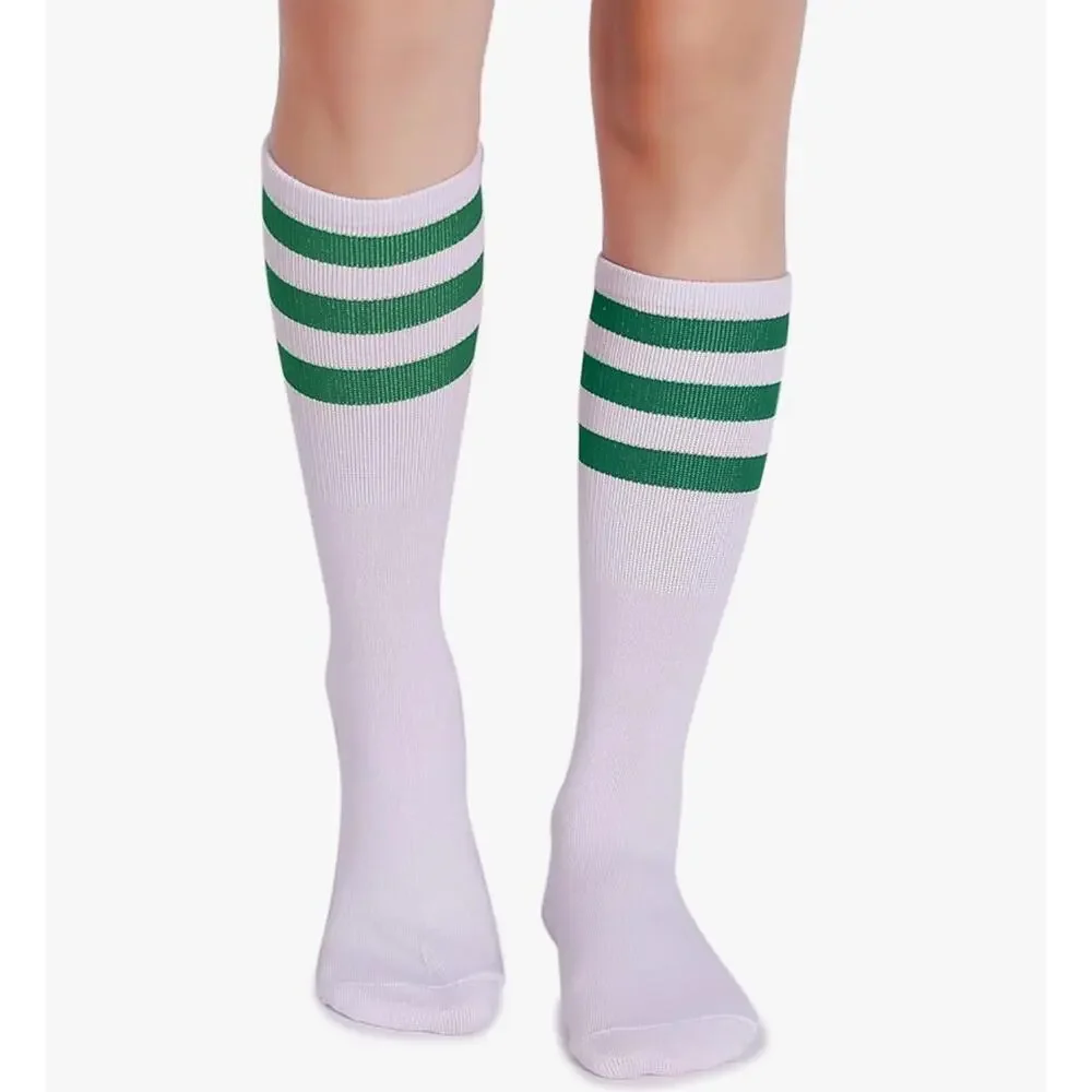 Classic Triple Stripes Soft Cotton on the Calf Retro White/Green Tube Socks READ
